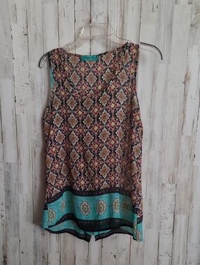 Chris & Carol Pink Multi Geometric Tank with Teal Border